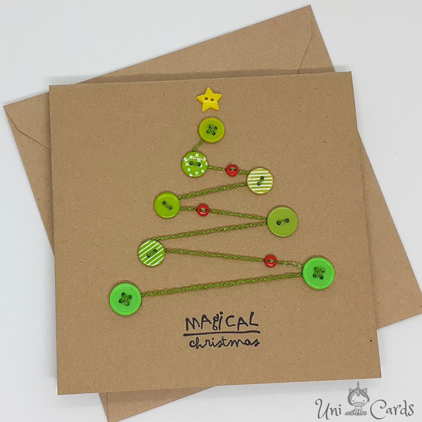 Χριστουγεννιάτικη κάρτα με δεντράκι από κουμπιά - νήμα, χριστουγεννιάτικο, ευχετήριες κάρτες, δέντρο - 3
