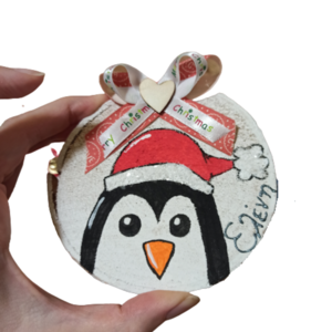 στολίδι με όνομα παιδιού πιγκουίνος 8 cm - ξύλο, όνομα - μονόγραμμα, στολίδια, προσωποποιημένα