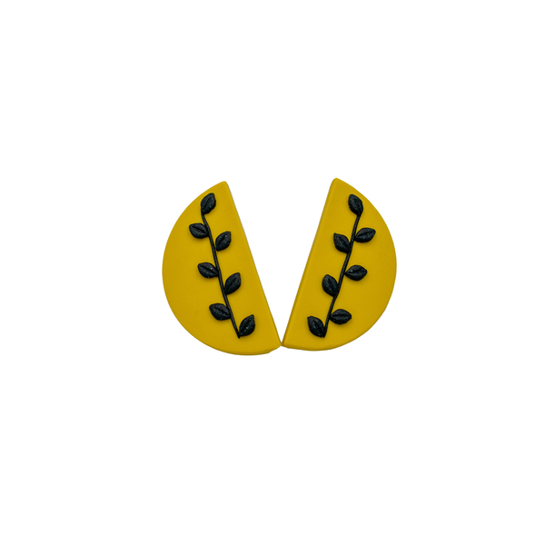 Ημικυκλικά κίτρινα σκουλαρίκια από πηλό με φυλλαράκια (μέγεθος 4 εκ.) - πηλός, καρφωτά, ατσάλι