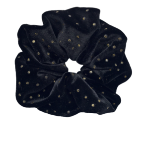 Υφασμάτινο λαστιχάκι scrunchie black με πουά χρυσό - ύφασμα, κορίτσι, πουά, μαύρα, λαστιχάκια μαλλιών - 2