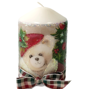 Διακοσμητικό κερί με decoupage αρκουδάκι Άγιο Βασίλη Ύψος 10cm - ντεκουπάζ, χειροποίητα, αρκουδάκι, χριστουγεννιάτικα δώρα, κεριά & κηροπήγια