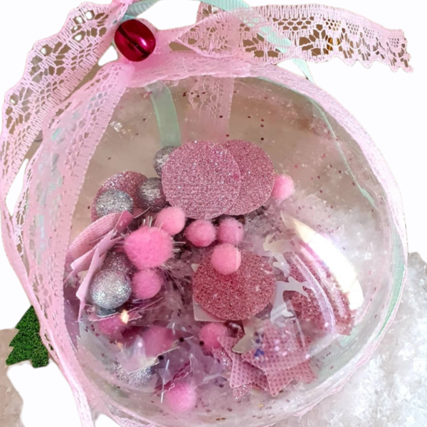 Χριστουγεννιάτικη μπάλα διάφανη χειροποίητη ροζ 10εκ. - plexi glass, κουκουνάρι, χριστουγεννιάτικα δώρα, στολίδια, μπάλες