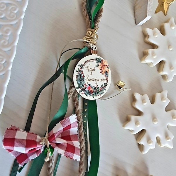 Γούρι για την νέα χρονιά καρώ φιογκάκι Καλά Χριστούγεννα - ξύλο, charms, χριστουγεννιάτικα δώρα, γούρια - 4