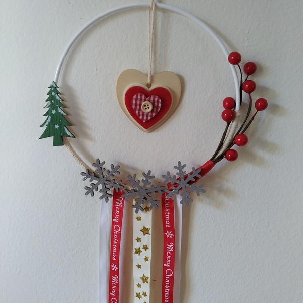 Χριστουγεννιάτικο Στεφάνι Χειροποίητο 19cm - ξύλο, στεφάνια, μέταλλο, διακοσμητικά, χιονονιφάδα - 2