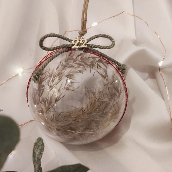 Χριστουγεννιάτικη χειροποίητη διάφανη μπάλα με αποξηραμένα λουλούδια - γούρια, μπάλες - 2