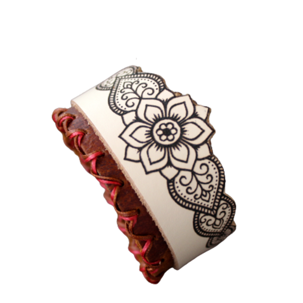 Φαρδύ Δερμάτινο Βραχιόλι Γυναικείο Τιάρα Mandala Ροζ-Καφέ - δέρμα, boho, χεριού