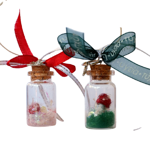 Γούρι Μανιτάρι σε γυάλινο μπουκαλάκι με φελλό - γυαλί, χιονονιφάδα, χριστουγεννιάτικα δώρα, γούρια - 2