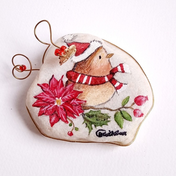 Γούρι-πέτρα ζωγραφισμένη με χριστουγεννιάτικο πουλί. - πέτρα, πουλάκια, χριστουγεννιάτικα δώρα, γούρια