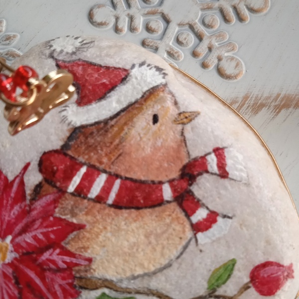 Γούρι-πέτρα ζωγραφισμένη με χριστουγεννιάτικο πουλί. - πέτρα, πουλάκια, χριστουγεννιάτικα δώρα, γούρια - 2