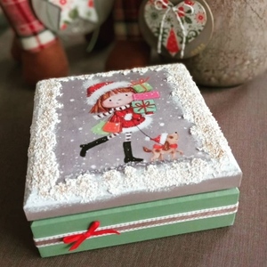 Χριστουγεννιάτικο κουτάκι ξύλινο mtf κοριτσάκι πράσινο 16*16*7,5εκ. - ξύλο, κορίτσι, χριστουγεννιάτικο, διακοσμητικά - 2