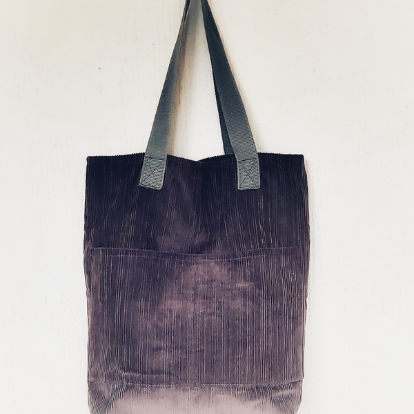 Κοτλε γκρι shopping bag - γυναικεία, ώμου, τσάντα, χειροποίητα, μεγάλες, αξεσουάρ, minimal, φθηνές - 4