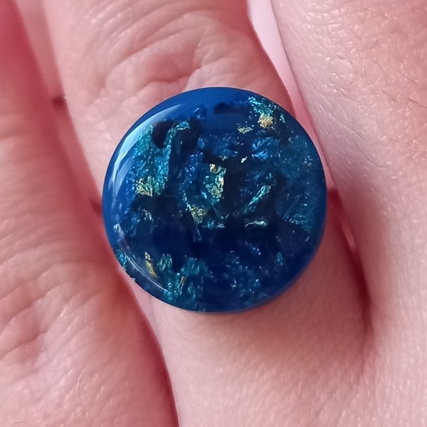 Δαχτυλίδι από υγρό γυαλί μπλε με φυλλα χρυσού. - γυαλί, γεωμετρικά σχέδια, ατσάλι, μεγάλα, αυξομειούμενα - 3