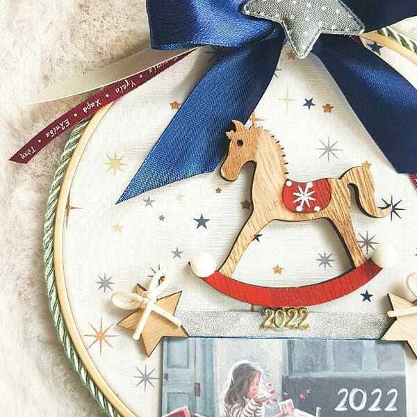 Διακοσμητικό Ημερολόγιο 2022 - ύφασμα, ξύλο, αστέρι, διακοσμητικά - 4
