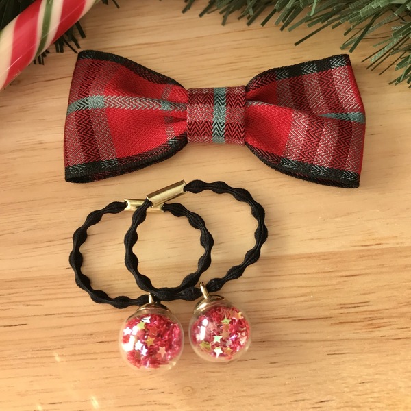 Χριστουγεννιάτικο Σετ δώρου με καρό φιόγκο και λαστιχάκια - φιόγκος, κορίτσι, σετ δώρου, αξεσουάρ μαλλιών, hair clips - 2