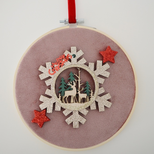 Χριστουγεννιάτικο διακοσμητικό τελάρο 15,5cm - ξύλο, αστέρι, βελούδο, χιονονιφάδα, στολίδια