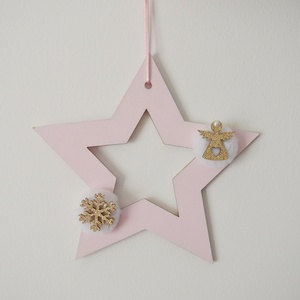 Χριστουγεννιάτικο διακοσμητικό αστέρι 20cm σε ροζ χρώμα - ξύλο, αστέρι, pom pom, διακοσμητικά, χιονονιφάδα - 5