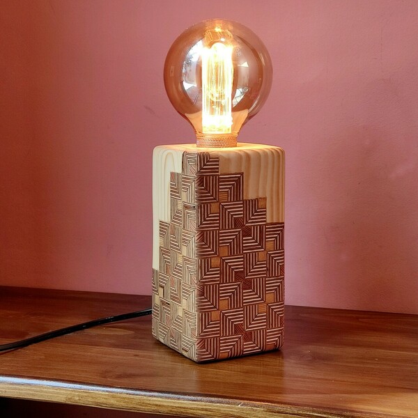 Ξύλινο χειροποίητο επιτραπέζιο Dimmable φωτιστικό με μοτίβο - ξύλο, πορτατίφ - 2