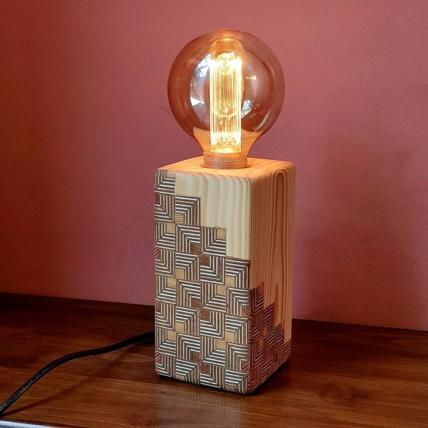 Ξύλινο χειροποίητο επιτραπέζιο Dimmable φωτιστικό με μοτίβο - ξύλο, πορτατίφ - 3
