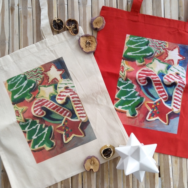 Christmas Cookies Πάνινη τσάντα Tote Bag - ύφασμα, ώμου, αστέρι, χριστουγεννιάτικα δώρα, tote, πάνινες τσάντες, δέντρο