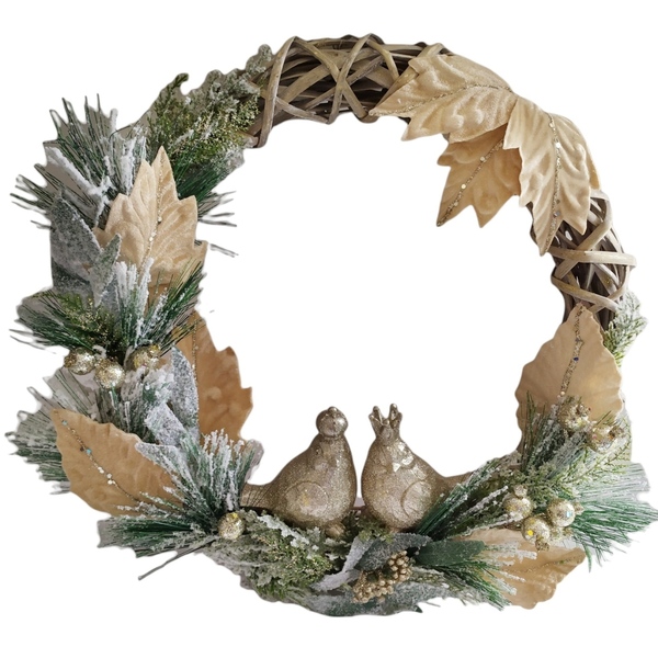 Χριστουγεννιάτικο στεφάνι με πουλάκια - ξύλο, στεφάνια, βελούδο, διακοσμητικά