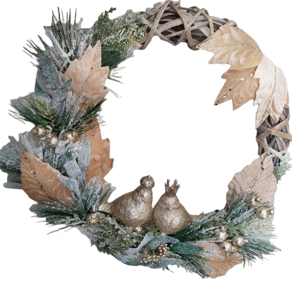 Χριστουγεννιάτικο στεφάνι με πουλάκια - ξύλο, στεφάνια, βελούδο, διακοσμητικά - 2