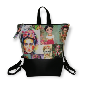 Backpack Frida Kahlo με μαύρη δερματίνη - ύφασμα, πλάτης, μεγάλες, all day, δερματίνη