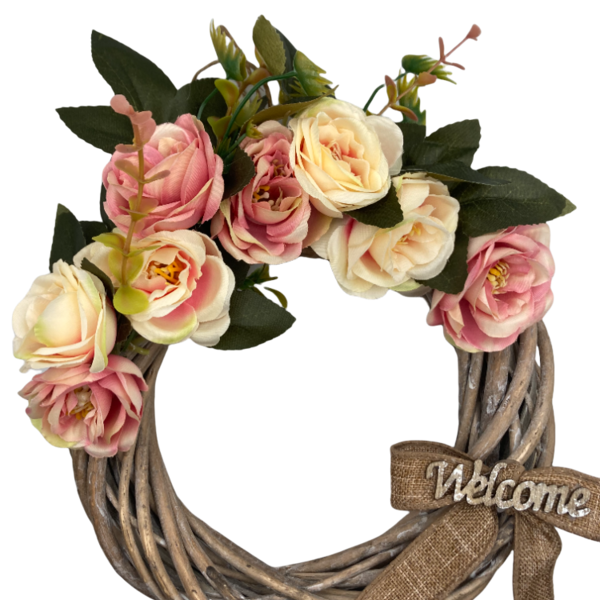 Χειροποιητο Διακοσμητικο Στεφανι WELCOME με λουλουδια διαμ. 20x20 εκατ. - διακοσμητικό, στεφάνια