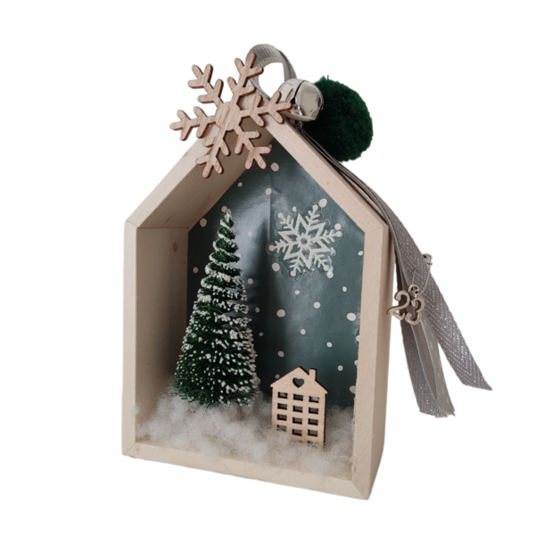 Ξύλινο χριστουγεννιάτικο σπιτάκι γούρι "snowy green" - 12*8,5*4 εκατοστά - ξύλο, σπίτι, χριστουγεννιάτικα δώρα, γούρια, δέντρο