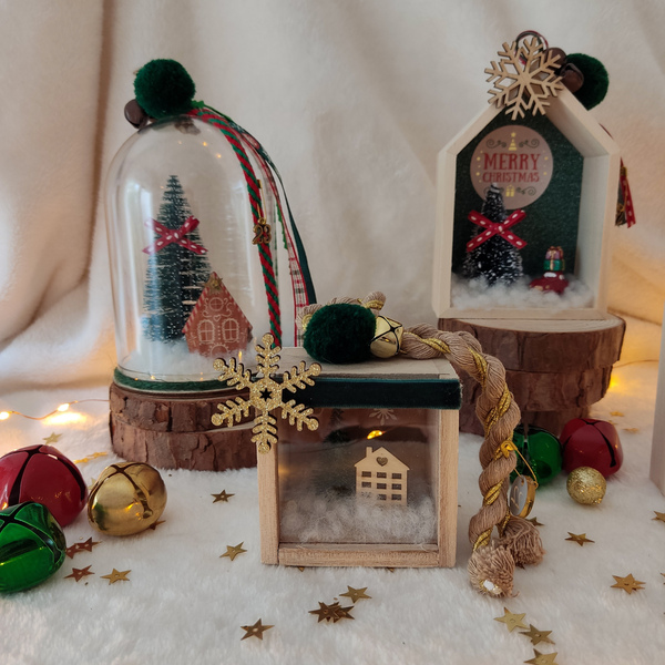 Ξύλινο χριστουγεννιάτικο σπιτάκι γούρι "snowy green" - 12*8,5*4 εκατοστά - ξύλο, σπίτι, χριστουγεννιάτικα δώρα, γούρια, δέντρο - 4