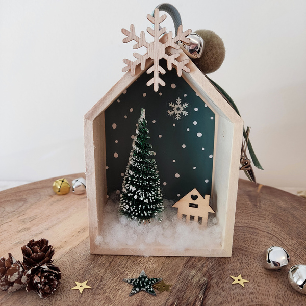 Ξύλινο χριστουγεννιάτικο σπιτάκι γούρι "snowy green" - 12*8,5*4 εκατοστά - ξύλο, σπίτι, χριστουγεννιάτικα δώρα, γούρια, δέντρο - 2