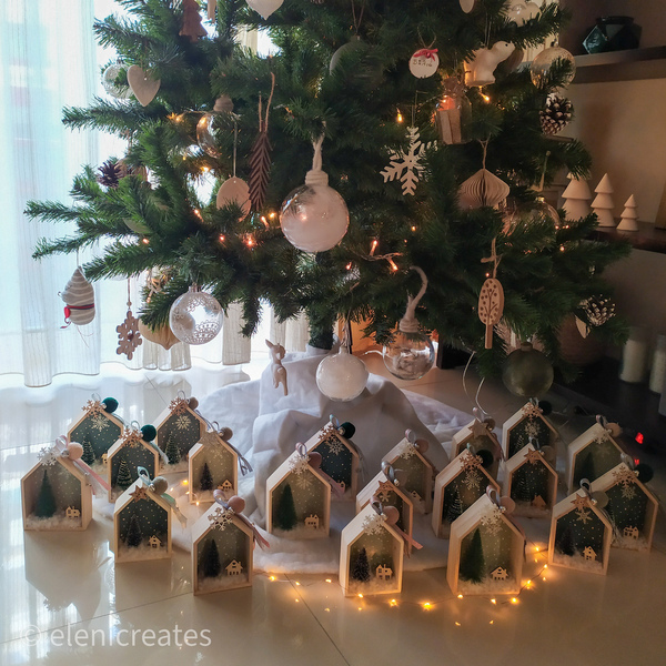 Ξύλινο χριστουγεννιάτικο σπιτάκι γούρι "snowy green" - 12*8,5*4 εκατοστά - ξύλο, σπίτι, χριστουγεννιάτικα δώρα, γούρια, δέντρο - 5