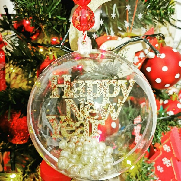 Μπάλα πλεξιγκλάς Happy New Year - ξύλο, plexi glass, στολίδια, μπάλες