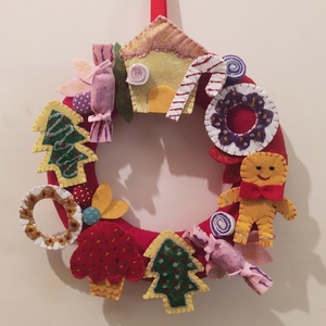 Στεφάνι χριστουγεννιάτικο με γλυκάκια από τσόχα - δέντρα, σπίτι, χριστουγεννιάτικο, μαλλί felt - 5