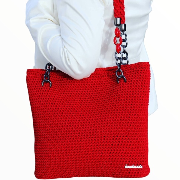 Κόκκινη τσάντα πλεκτή-Αντίγραφο - ώμου, μεγάλες, all day, πλεκτές τσάντες - 4