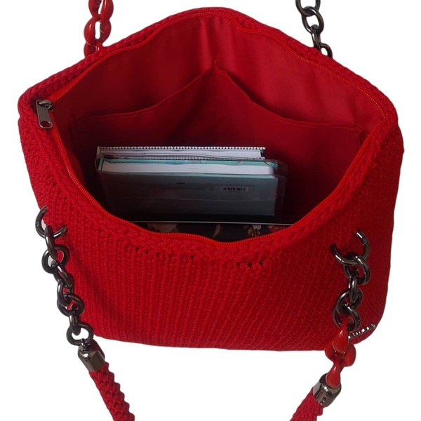 Κόκκινη τσάντα πλεκτή-Αντίγραφο - ώμου, μεγάλες, all day, πλεκτές τσάντες - 2