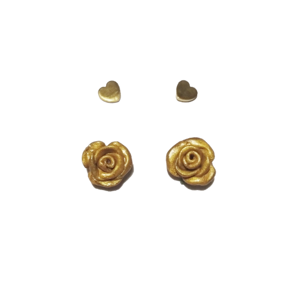 Διπλό σετ τριαντάφυλλο και ατσάλινη καρδούλα - τριαντάφυλλο, πηλός, λουλούδι, καρφωτά, ατσάλι