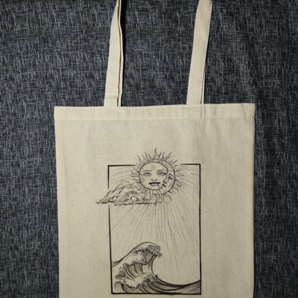 Tote Bag ▪️SunMoon▪️ _Πάνινη τσάντα ζωγραφισμένη στο χέρι - ύφασμα, ώμου, all day, tote, πάνινες τσάντες - 3