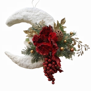 Χριστουγεννιάτικο διακοσμητικό κρεμαστό φεγγάρι με λουλούδι και κλαδιά - ύφασμα, αστέρι, σπίτι, διακοσμητικά