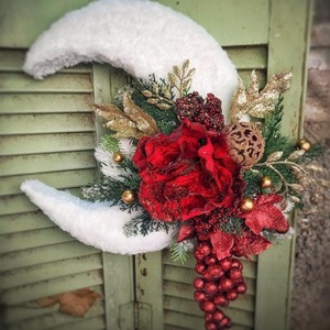 Χριστουγεννιάτικο διακοσμητικό κρεμαστό φεγγάρι με λουλούδι και κλαδιά - ύφασμα, αστέρι, σπίτι, διακοσμητικά - 2