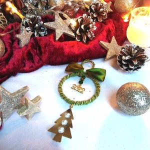 Γούρι 2023 στεφανάκι πράσινο-χρυσό και δεντράκι με κρύσταλλα 12*5cm - νήμα, χριστούγεννα, γούρια, πρωτοχρονιά, δέντρο - 4