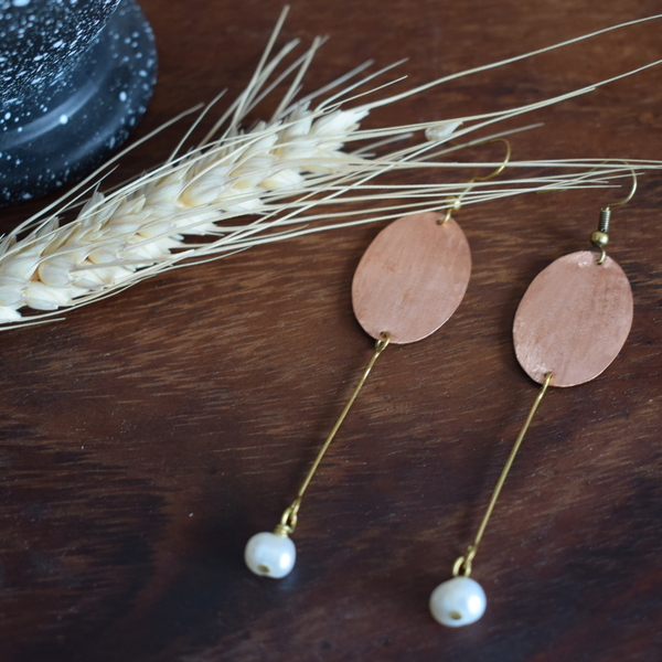 Minimal σκουλαρίκια με μαργαριτάρι - ημιπολύτιμες πέτρες, χαλκός, boho, κρεμαστά, γάντζος - 3