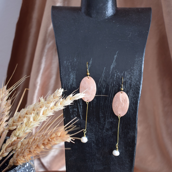 Minimal σκουλαρίκια με μαργαριτάρι - ημιπολύτιμες πέτρες, χαλκός, boho, κρεμαστά, γάντζος - 5