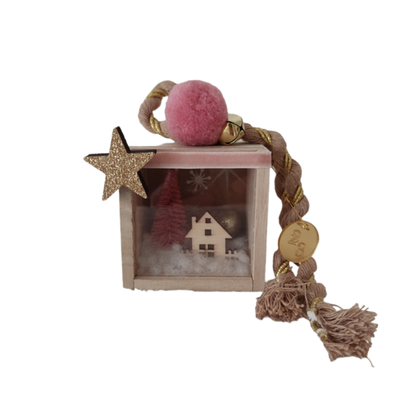 Ξύλινο κουτάκι γούρι με δεντράκι και σπιτάκι ροζ - 6,5*6,5*5 εκ. - ξύλο, σπίτι, γούρια, δέντρο
