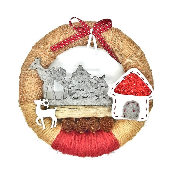 Χριστουγεννιάτικο στεφανάκι - ύφασμα, ξύλο, σπίτι, διακοσμητικά