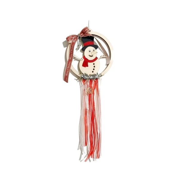 Χριστουγεννιάτικο στολίδι κρεμαστό με χιονάνθρωπο σε κόκκινο χρώμα, ξύλινο διάμετρος 14 - ξύλο, vintage, χιονονιφάδα, στολίδια
