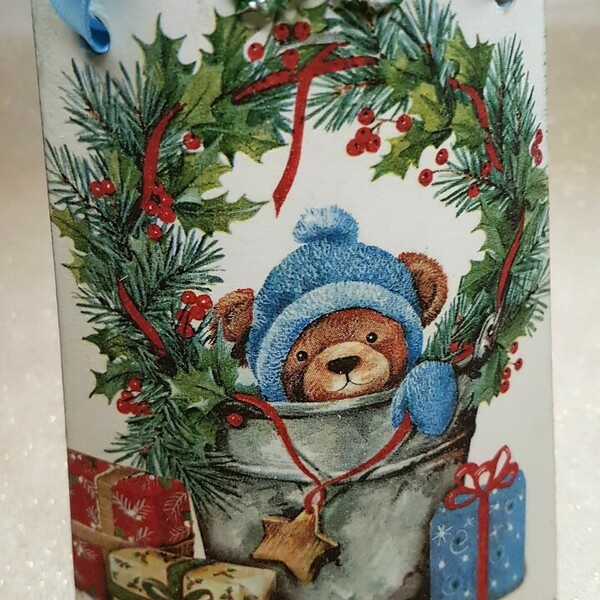 Χριστουγεννιάτικο Ξύλινο Διακοσμητικό Αρκουδάκι - ξύλο, στολίδι, αρκουδάκι, χριστουγεννιάτικα δώρα - 2