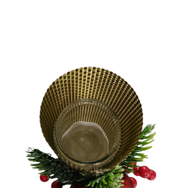 Γυάλινο Χριστουγεννιατικο κηροπηγιο σε χρυσό χρώμα με γκι. Διαστάσεις 23*10cm. - γυαλί, ρεσώ & κηροπήγια, κεριά & κηροπήγια - 4