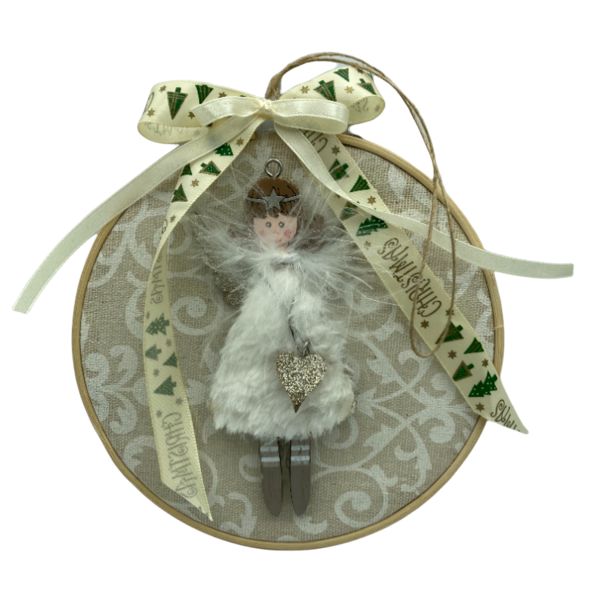 Χειροποιητο Χριστουγεννιατικο διακοσμητικο τελαρακι με αγγελακι πανω σε υφασμα, 16x16 εκατ. - ύφασμα, χριστουγεννιάτικο, διακοσμητικά, αγγελάκι