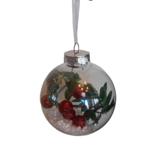 Στολίδι διαφανές 7 εκατοστών με χριστουγεννιάτικα κλαδιά - στολίδια, μπάλες