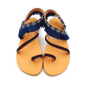 Σανδάλι boho δερμάτινο με μπλε κρόσσια - δέρμα, boho, φλατ, ankle strap